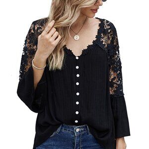 Autumn thin black lace shirt women's plus-size V-neck base top